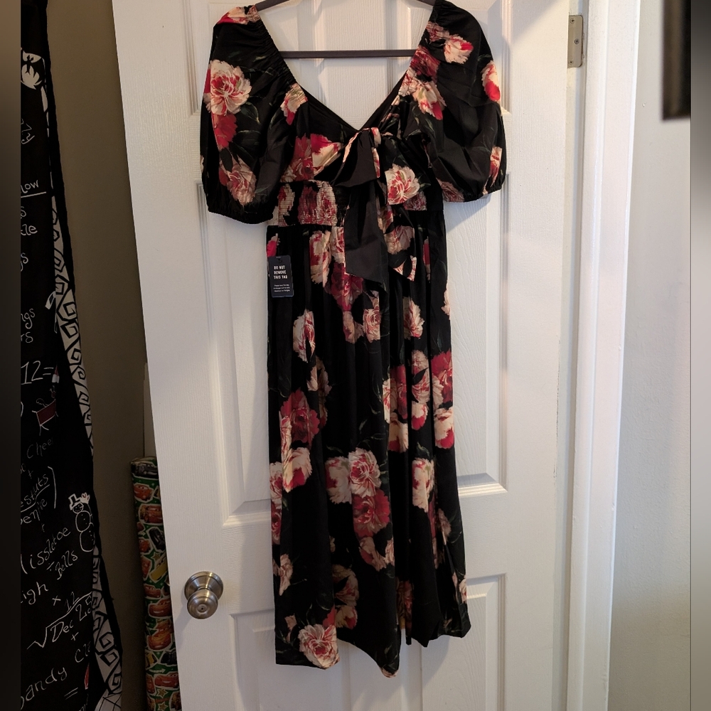 Express Floral V-Neck Puff Sleeve Button Front Tie Back Midi Dress size Xs NWT